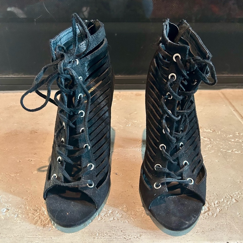 Black lace-up, strappy heeled booties, size 6.5